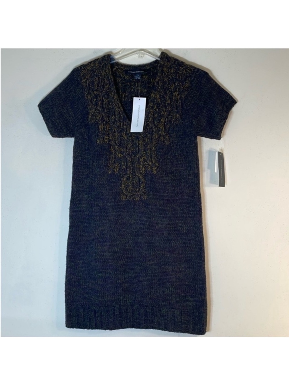French Connection Charcoal Knit Midi Dress with Olive Embellishment